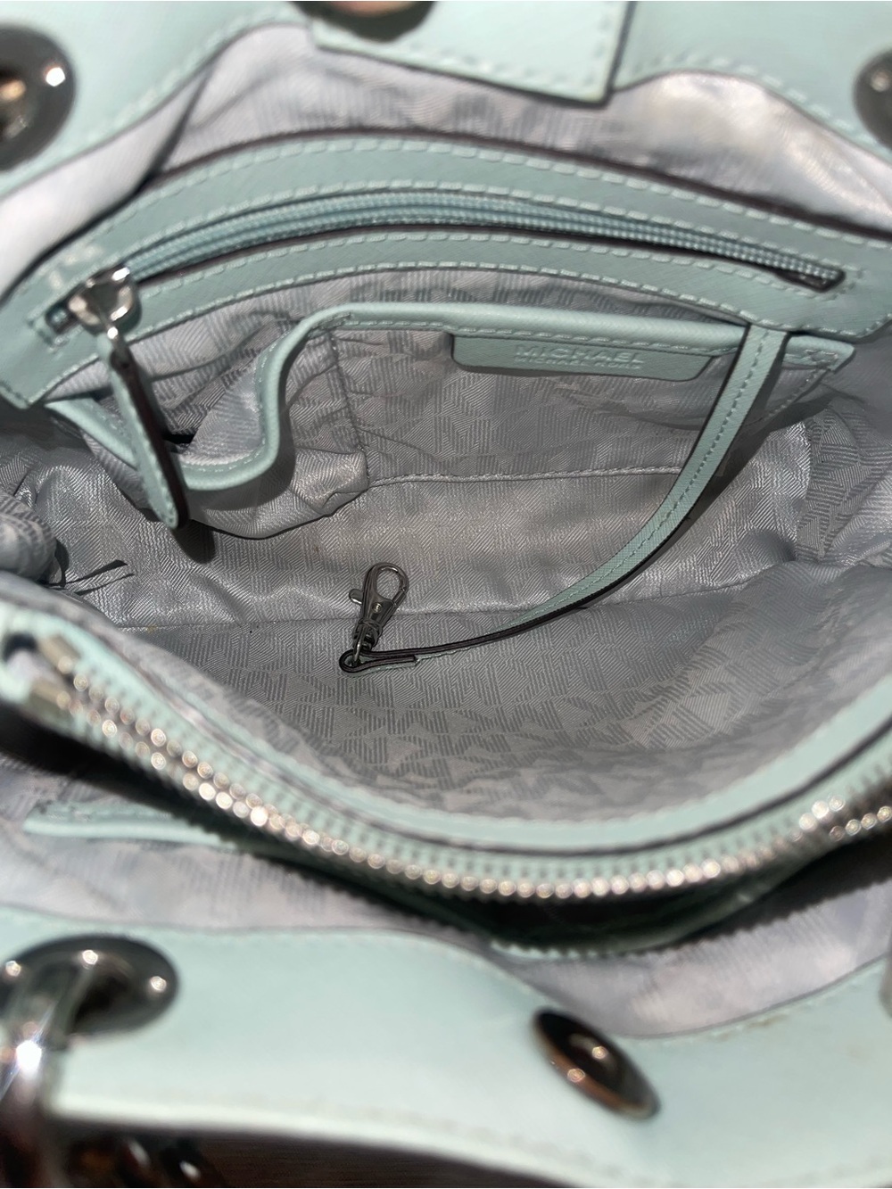 Michael Kors Cynthia Saffiano Leather Satchel with Chain Handles - Celadon - Picture 4 of 15